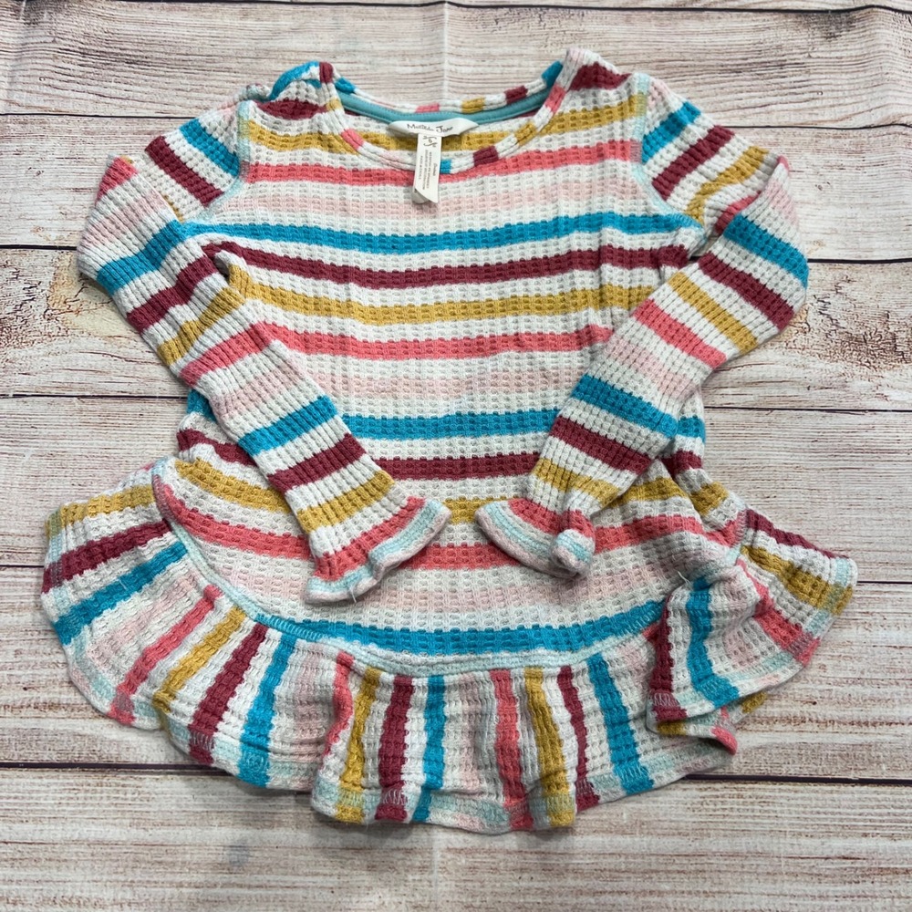 Matilda Jane Girls Waffle Knit Striped Ruffle Hem Long Sleeve Top Size 6 30131T